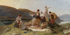 Na sliki je idilična podeželska pokrajina ob jezeru, obdana z mehko valovitimi hribi. V ospredju na travnati jasi stoji skupina štirih ljudi pri delu. Tri ženske v tradicionalnih oblačilih čistijo ali presejavajo žito: ena kleči ob vreči, druga stoji bosonoga in skozi okroglo sito spušča bel prah ali zrnje na veliko razgrnjeno platno, tretja stoji ob strani in opazuje. Četrta oseba, oblečena v temnejša oblačila in s pokrivalom, stoji nekoliko v ozadju ter nosi veliko vrečo na ramenih. Oblačila so preprosta, prizor deluje kot prikaz vsakdanjega kmečkega dela. V ozadju se jezero blešči pod svetlobo, nad njim se raztezajo hribi in mehko osvetljeno nebo.